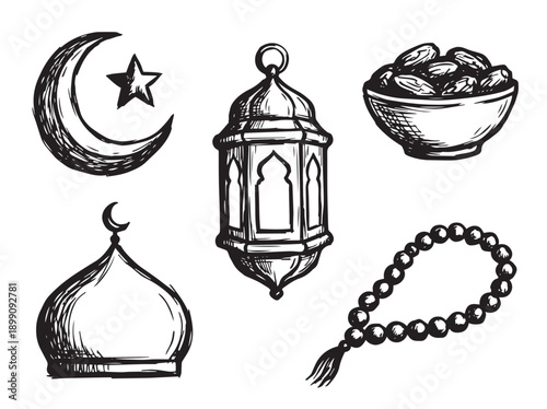 Ramadan Islamic Icons Collection Crescent Moon, Lantern, Dates, Prayer Beads, and Mosque Dome