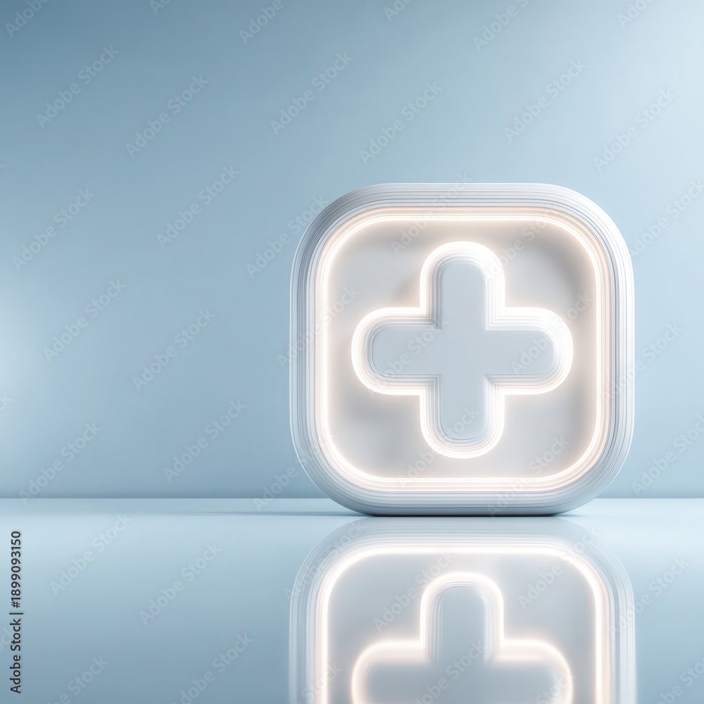 Obraz premium Healthcare Symbol: A sleek, illuminated healthcare symbol cast against a serene, light blue backdrop. The image is a striking visual representation of health and well-being.