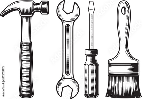 Vintage Style Hammer Wrench Screwdriver and Paintbrush Tools