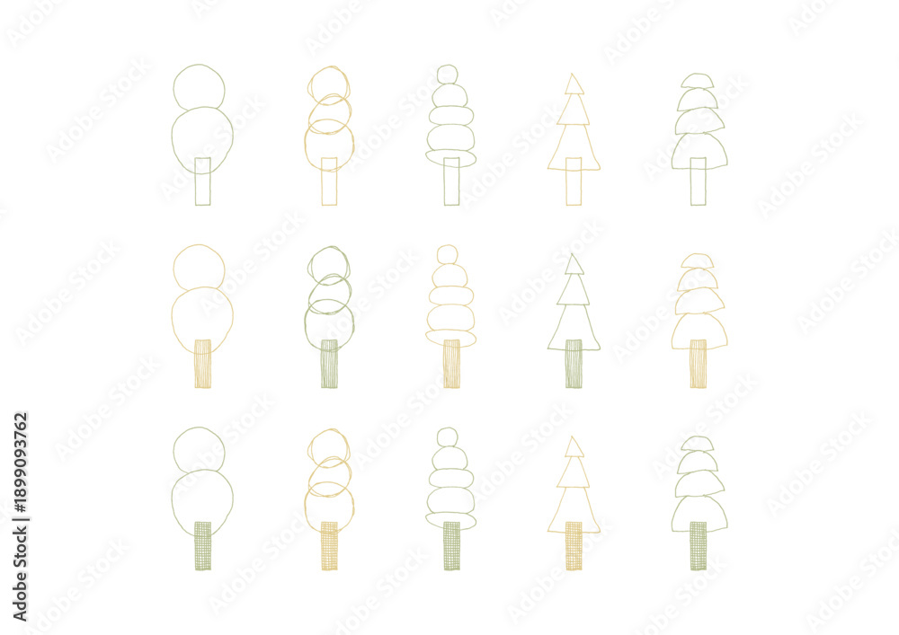 Fototapeta premium シンプルでおしゃれな木の手描きイラストセット4（カラー）
