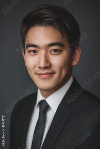 Portrait of a smiling young Asian businessman in a black suit against a grey background, professional resume and interview concept