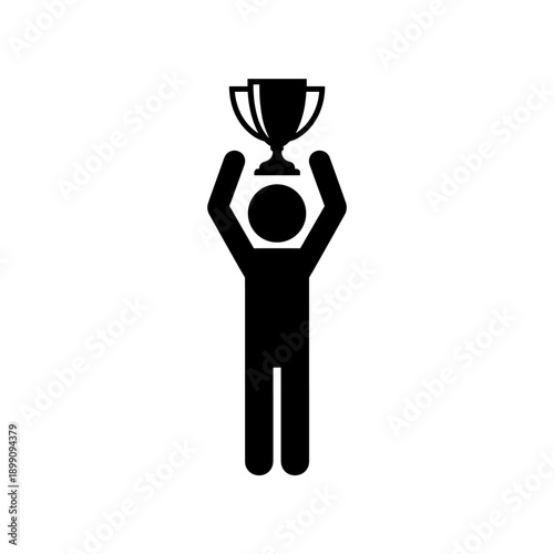Stick Figure Cricket Player Lifting Trophy Cup High Above Head in Victory Black Vector Art