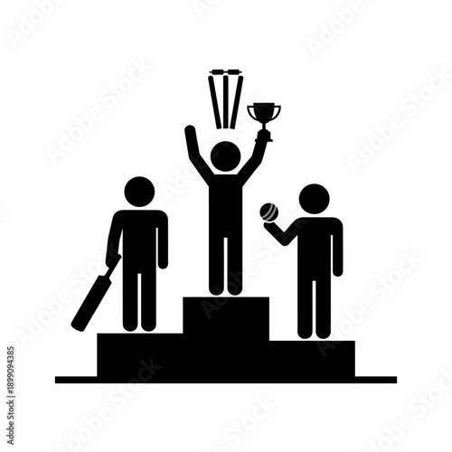 Stick Figure Cricket Champion on Podium Arms Raised Holding Trophy with Supporters Black Vector Illustration