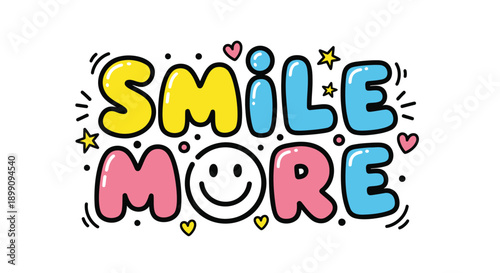 Colorful vector illustration of 'Smile More' text with smiley face and decorative elements, for social media or motivational poster
