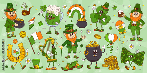 Cartoon St Patrick Day groovy leprechaun, gold, clover and horseshoe characters, vector irish holiday. Vintage lucky shamrock, green beer and hat. Groovy Patricks Day leprechaun, gold pot and rainbow