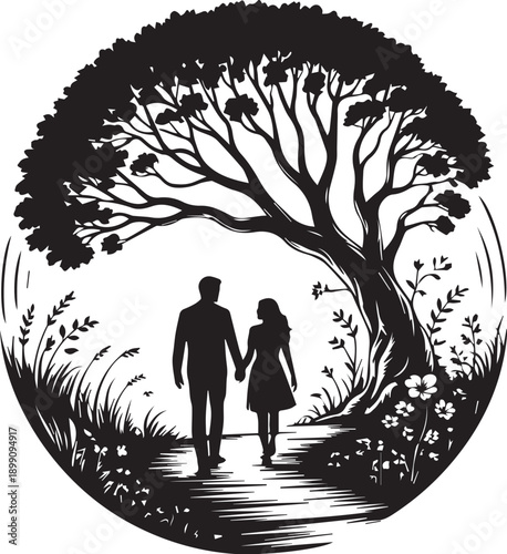 Romantic Couple Silhouette Vector Set, Love Story Scenes and Wedding Couples in Nature