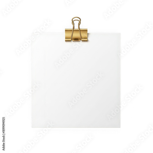 Blank paper sheet with gold clip on transparent background