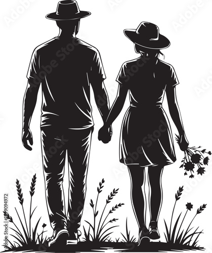 Romantic Couple Silhouette Vector Set, Love Story Scenes and Wedding Couples in Nature