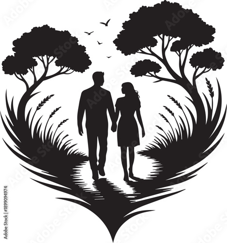 Romantic Couple Silhouette Vector Set, Love Story Scenes and Wedding Couples in Nature