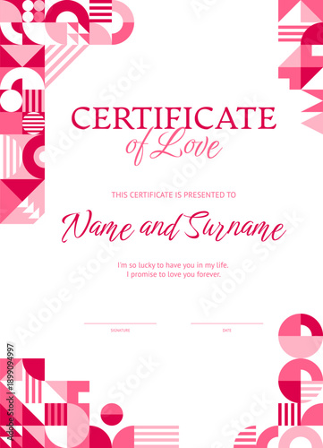 Valentine day vertical certificate with geometric pattern and frame, vector diploma template. Love certificate for bride and groom on Valentine love holiday or wedding marriage with geometric shapes