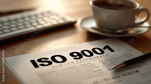 Wallpaper Mural Iso 9001 Quality Certification Document with Coffee Cup and Keyboard on Wooden Desk Torontodigital.ca