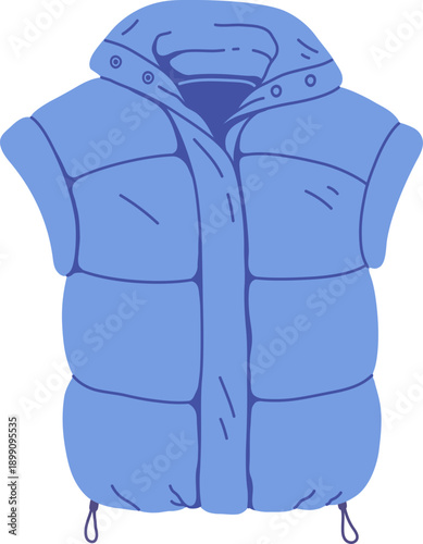 Winter wardrobe blue puffer vest, cold season garment accessory. Winter cold weather garment item, warm clothes isolated vector element. Autumn or spring puffer vest accessory or wardrobe sticker