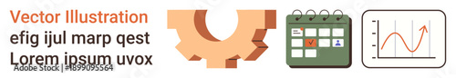 Productivity, scheduling, data analysis, business strategy, workflow planning, organization. Gear icon, calendar with checkmark and upward-trending graph. Productivity and scheduling concept