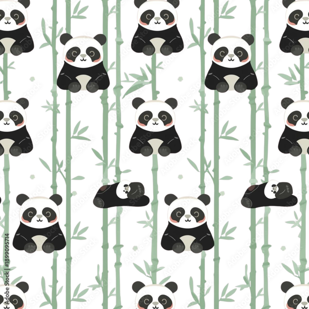 Obraz premium Cute Panda Seamless Pattern Flat Vector Illustration, Cartoon Background