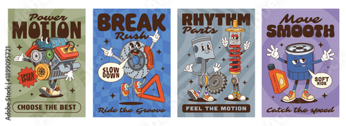 Car spare parts groovy characters retro posters, vector auto service. Cartoon car engine, vehicle piston and suspension spring, retro groovy brakes, auto motor oil and filter characters posters set