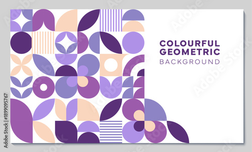 Abstract modern background with purple geometric pattern. Vector graphic circle, square, triangle, line and arc shapes pattern border for poster template. Abstract geometric flower mosaic background