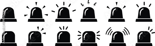 Emergency siren and flashing light icon set silhouette for police, ambulance, security alerts, and warning signal design