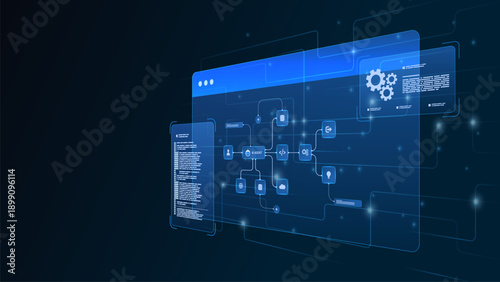 AI workflow automation artificial intelligence. ai agent network diagram dashboard machine learning connecting node user, processing flow, data, coding and automation system.