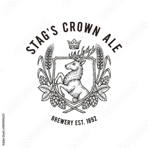 Vintage Beer Brewery Emblem with Stag, Crown, Wheat, and Hops