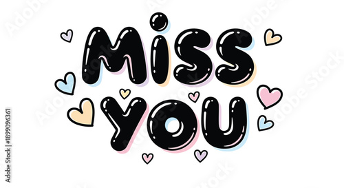 Miss You text with colorful hearts, vector illustration for social media or greeting card, isolated on transparent background, png
