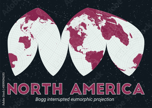 North America. World map. Bogg interrupted eumorphic projection centered to North America. Pale Mint Dark Pink palette. Vintage texture. Neat vector illustration.