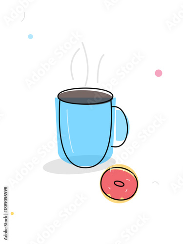 Hot Coffee Mug Blue Cup with Pink Donut Cute Minimalist Line Art Flat Vector Illustration Cafe Breakfast Pastry Design
