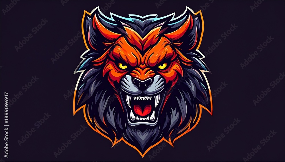 Obraz premium Furious gray wolf head with sharp fangs, embodying strength and untamed wilderness power