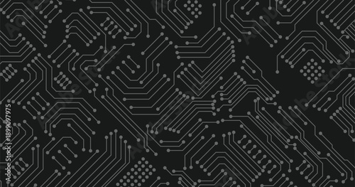 Abstract futuristic circuit board Illustration. White lines and dots on black background.