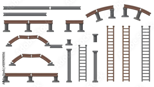 Flat lay of various brown and gray metal bridge and ladder components on a white background.