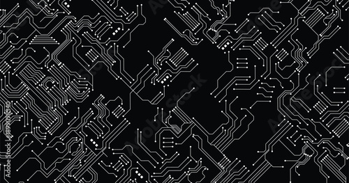 Abstract futuristic circuit board Illustration. White lines and dots on black background. Vector circuit board concept for technology background