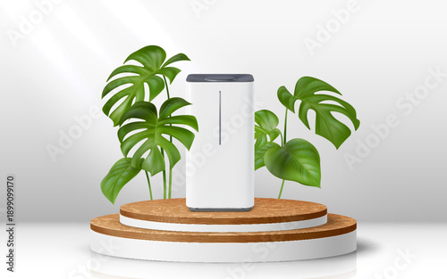 Air purifier on podium stage with green leaves. Modern humidifier displayed on a wooden circular platform with tropical monstera leaves on background. Clean, minimal and eco friendly product showcase