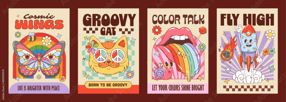Fototapeta premium Groovy characters retro psychedelic vector posters. Butterfly wings, funky cat in peace glasses, rainbow tongue lips, and cheerful rocket 70s groovy characters. vertical cards with vintage personages