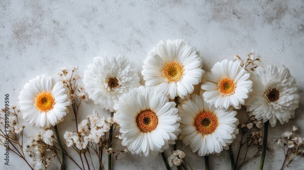 Obraz premium Fresh White Flowers Arrangement on Gray Background with Delicate Accents Capturing Natural Beauty and Elegance for Various Design Projects