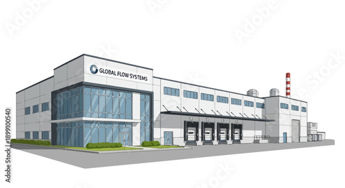 Modern industrial building with loading docks and a prominent company logo, showcasing contemporary architecture and logistics.