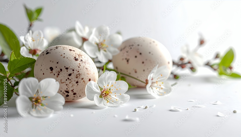Fototapeta premium Speckled Easter eggs with delicate white spring blossoms on a clean white background, celebrating new life and the holiday season.