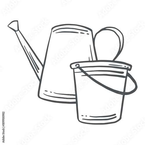 Watering can with bucket vector graphic illustration of garden supplies. Hand drawn isolated doodle of gardening subject. Black and white drawing clipart for farmhouse rustic decor, cottagecore vibes.