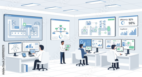 A modern network operations center with multiple screens displaying data and network diagrams, staffed by technicians.