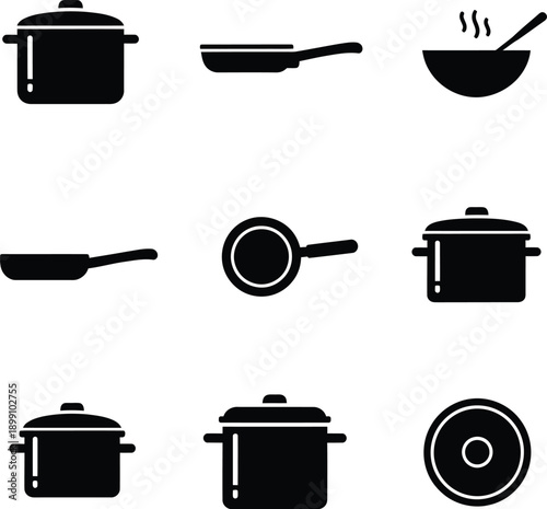 Cooking pot and pan icons for kitchen and restaurant