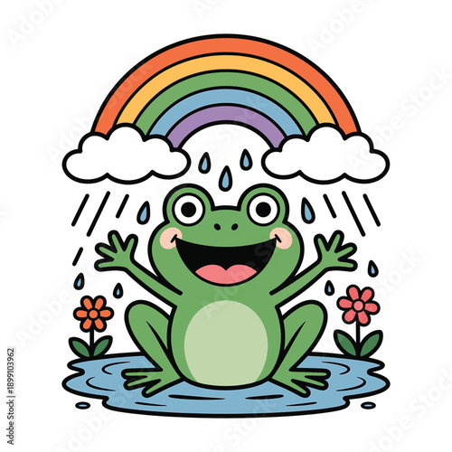 Smiling green frog sitting on a puddle under a rainbow and rain