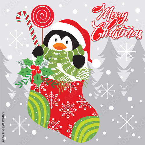 Cute Penguin in Christmas Stocking with Candy Cane