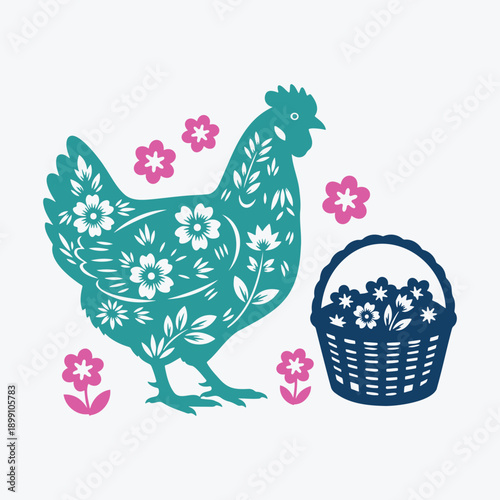 Easter chicken Hen with floral cut-out pattern stands beside a Easter basket, surrounded by pink flowers.
