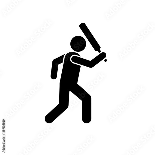Stick Figure Cricket Batsman with Bat Raised Overhead in Batting Stance Black Vector Art
