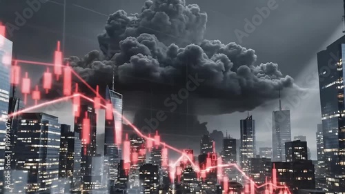 Dramatic cityscape overlaid with a falling stock market chart and ominous storm clouds symbolizing economic downturn financial crisis and global uncertainty