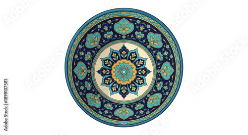 Ornate blue and green floral mandala design on a white ceramic plate with intricate patterns and details