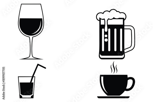 Four different types of drinks in various glasses and mugs