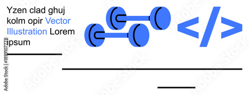 Fitness, coding, innovation, remote training, digital health, programming concepts. Blue dumbbells and coding symbol. Fitness and coding highlight the synergy between physical health and technology