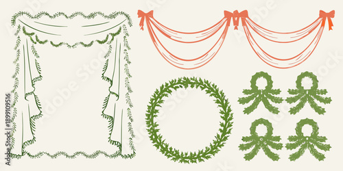 Decorative sketches of draped fabric wreaths and swags in green and red