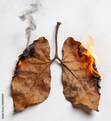 Creative representation of smoking harmful effects shows two dry leaves shaped like lungs, with edges burning and smoke rising, symbolizing lung damage