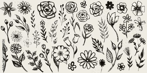 A collection of hand drawn floral sketches in black and white