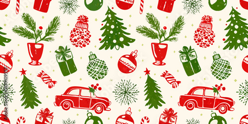 Festive christmas pattern featuring ornaments trees and vintage cars